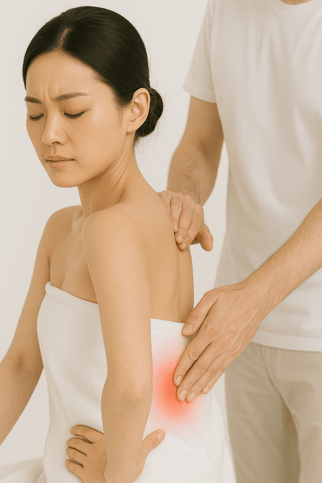 Upper back pain relief massage targeting tension and stiffness.